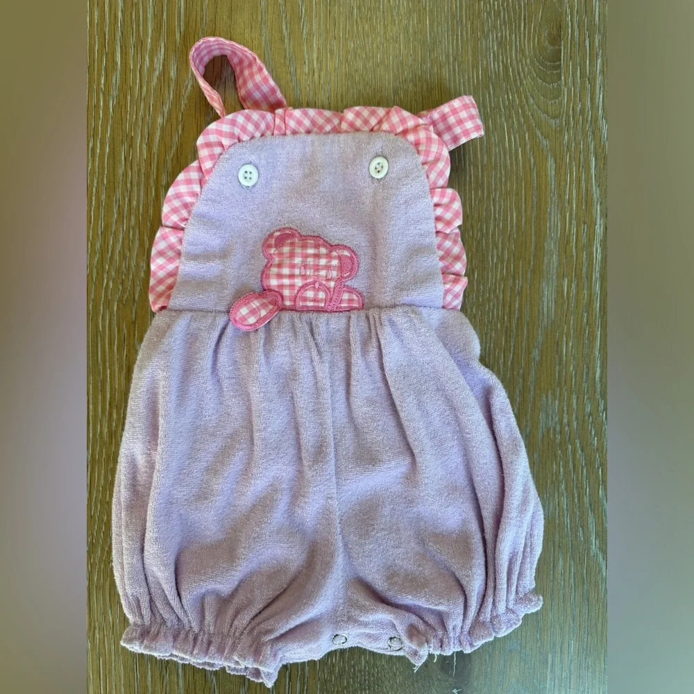 Royal Heir Pink plaid and purple terry‎ cloth waving bear overall bubble, 6-9m
